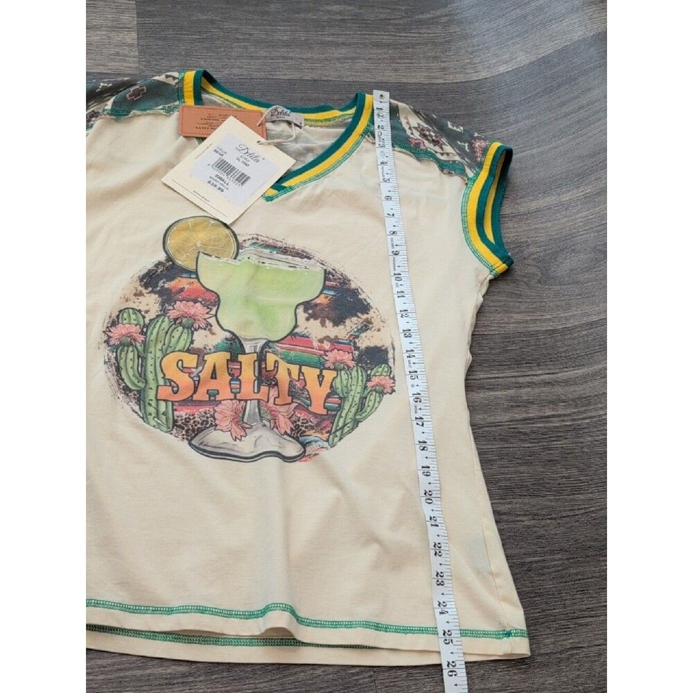 Delila Cream V‑Neck Salty Tee with Green and Yellow Trim - Picture 8 of 8